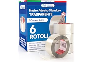DNK TRADE Nastro Adesivo da Imballaggio Pacchi - 6 Rotoli di Nastro per Imballaggi 50mm x 66m Silenzioso Resistente all'Acqua - Colore Trasparente