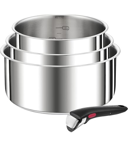 Tefal Emotion - Set di pentole da cucina, 5 pezzi, 20/24 cm, casseruole 16/18/20 cm, in acciaio inox garantito 10 anni, base di diffusione del calore, design elegante, manici robusti, induzione