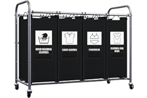 AWTATOS Wäschekorb mit 4 Fächern auf Rollen, Wäschesammler mit 4 abnehmbaren Stofftaschen, Mit 6 Sortierkarten zum einfachen Sortieren der Kleidung, Schwarz ULSCM04B