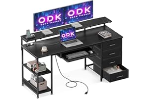 ODK Scrivania con 4 Cassetti, Scrivania Computer con Presa di Corrente e Ricarica USB, Scrivania Salvaspazio Scrivania Ufficio con Ripiani Regolabili per la Casa (Nero, 160x52cm)