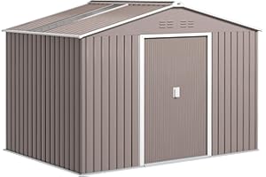 Outsunny Caseta de Jardín Exterior, 4,9 m² 277x195x192 cm, Cobertizo de Jardín Exterior Metálico con Techo de Fibra de Vidrio, Puerta Corredera, Base Refuerzo (Suelo NO Incluido) y Ventanas Gris Claro