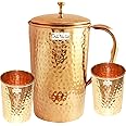 Prisha India Craft Pure Copper Hammered Jug Pitcher with Lid Capacity 1650 ML with 2 Pure Copper Hammered Glass Tumbler Capacity 250 ML Drinkware Set