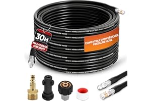 KILOSTON 30M/100 FT Pressure Washer Hose - Compatible with Karcher K Series (K2-K7), Click Type Plug to M22-14mm, 400 Bar/5800PSI, Includes 3 adapters and 2 nozzles, Kink-Resistant Design.