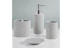 Martha Stewart Ceramic Bathroom Accessories Set, Vanity Decor Storage Organizer, Embossed Damask Medallion, Lotion/Soap Dispenser, Toothbrush Holder, Tumbler, Trinket Dish, Assorted Sizes Grey