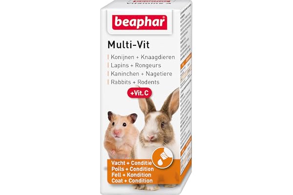 Beaphar – Multi-VIT, 12 vitamines pour Lapin et Rongeur – Contient 11 vitamines + Vitamine C – Renforce Le système immunitaire – Action bénéfique sur Les Dents & Les os – Vitalité & Bien-être – 20 ML