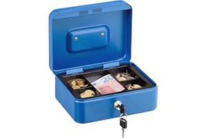 Relaxdays Geldkassette abschließbar, entnehmbarer Einsatz, 5 Fächer, Geldkasten Eisen, HxBxT: 8,5 x 20 x 17 cm, blau