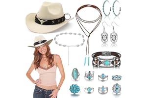 SAIER TBO 5Pcs Cowboy Hat Accessories for Women, Western Cowgirl Costume Set with Wide Brim Cow boy Hat Turquoise Necklace Earrings Rings 70s Boho Hippy Fancy Dress for Adult Cosplay Carnival Halloween
