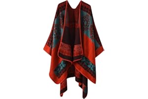 Sisifa Damen Boho Pullover Poncho Schal Wrap Cape Mantel Winter Herbst Vintage Print Stricken vorne offene Strickjacke Decke