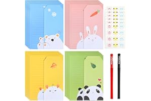 TANGHSE Kids Letter Writing Set, 24 Pcs Writing Paper & 12 Envelopes 4 Style Kawaii Stationery Set 7 * 10 in Lined Paper Cute Stationery Set for Girls Boys
