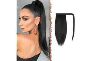 FESHFEN Coleta Postiza Lisa Pelo, 30 cm Largo Liso Ponytail Extension Envolver alrededor Cola de Caballo Extensiones Sintéticas Clip Postizos de Pelo para Mujeres, Negro natural