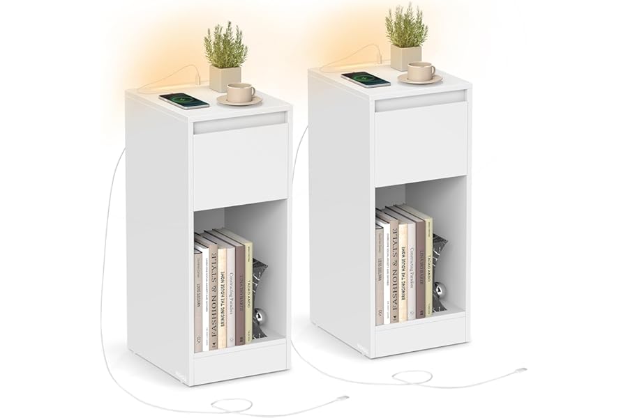 VASAGLE Slim Bedside Tables with Charging Station and LED Light, Set of 2 Narrow Side End Tables, USB Ports, Drawer and Open Compartment, for Bedroom, Living Room, Cloud White LET710W01