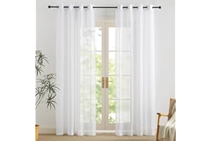 ‎PONY DANCE PONY DANCE Voile Gardinen Weiss Transparent Gardinenschals 2er Set Wohnzimmer Vorhänge mit Ösen Leinenoptik Vorhang Durchlässig Übergardinen, H 213 x B 137 cm, Weiß