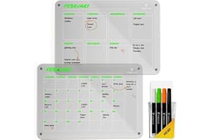 PREVIS BRAND 2X Calendrier Magnetique Frigo Transparent (Mensuel+Hebdomadaire) A4(21X30CM) avec 4 Marqueurs Premium -2 Tableau Planner Frigo Transparent -Idéal Pour une Organisation Minimaliste