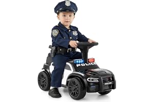 COSTWAY Halkbil polis, glidfordon med blinkande ljus, musik och sirene, barnbil med förvaringsutrymme under sätet och tippsky