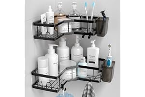 FINIBO Duschablage Ohne Bohren, 2 Stück Selbstklebend Eckregal Badezimmer Organizer, Duschregal Edelstahl mit 4 Haken und 2 Zahnpasta Halter, Schwarz Duschablage Duschkorb für Bad Küche