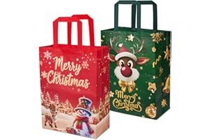 BIULDPY 2 bolsas grandes de regalo navideñas, reutilizables, de tela no tejida roja y verde, con estampado de muñeco de nieve y alce para envolver regalos