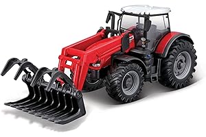 Bburago Tractor Massey FERGUSSON 8740S Fundido a presión con Cargador Frontal de Trabajo y agarrador – réplica de Juguete Coleccionable Modelo Escala 1:50, Rojo