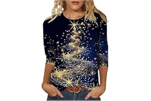 Ewleguzka Womens Christmas Tops 3/4 Sleeve, Ladies Xmas Tops Christmas Tree Red Wine Glass Graphic Printed Round Neck Loose Tunic Tshirts Holiday Clothes