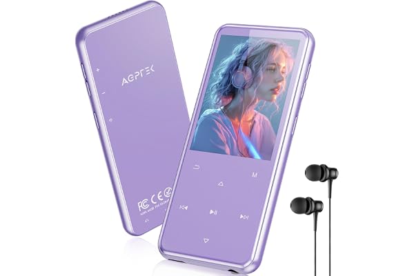 AGPTEK 64Go MP3 Bluetooth avec Haut-Parleur, 2.4" Grand Écran Lecteur MP3 en Métal Qualité Sonore HiFi Audio MP4 Baladeur Sport de Bouton Tactile Radio FM Podomètre Enregistreur 60H de Musique-Violet