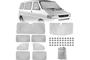 SOEKODU Cubierta Pantalla Ventana Delantera Reemplazo para VW T4 LWB, 8 Piezas Juego de Protector de Parabrisas, Juego de Ventana dePersiana Térmica Interior con Bolsa Almacenamiento, 100% Oclusión