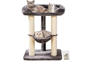 Happi N Pets 71CM Cat Tree Tower for Indoor Cats, Tall Cat Scratching Post with Large Bed for Big Cats, Sisal Scratcher with Soft Perch & Hammock, Stable Cat Stand, Removable Cover-Gray