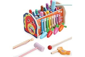 Kingbar 8-in-1 Montessori Holzspielzeug, Xylophon, Hammerspiel, Angelspiel, Karotte, Würmer Fangen, Zahnräder Und Uhr, Mädchen Junge Motorikspielzeug, Geschenk, 8 in 1