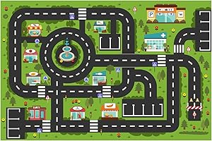 Hzszjcybh Stadtbahnteppich autoteppich Kinder spielteppich straße kinderteppich Jungen,Kristallsamtmaterial, Rutschfester Boden (47 * 70 inch, Charming City)