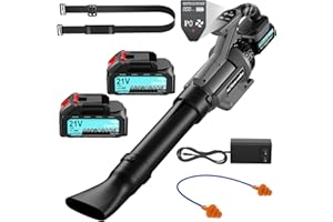 ENRIPRT Soplador de Hojas 21V, 3 Velocidades Sopladora de Hojas con 2 × 4,0 Ah batería,28.000 RPM,Velocidad Aire 240 km/h,Vaudal Aire 930 m³/h,Pantalla LCD para el jardín, mantenimiento del césped nie