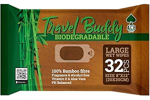 ACE TRAVEL BUDDY Ace Wipes Travel Buddy - Toallitas húmedas de bambú, Grandes y biodegradables, Acampar, Viajar, IR de Vacaciones, Llevar a Festivales 32 toallitas en un Paquete