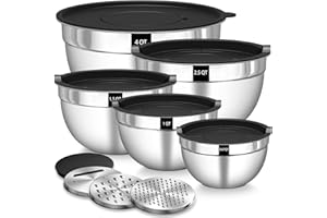 Terlulu Rührschüssel 5er Set, Edelstahl Schüssel Salatschüssel Set mit Luftdichtem Deckel, 3 Reibenaufsätzen, 4.5L,2.7L, 1.6L, 1.1L, 0.7L, Stapelbar & Spülmaschinenfest