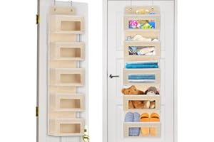 Aqash Over Door Hanging Storage Organiser - 5 Clear Window Pockets Organizer For Toys, Wallets And Towels, Grey (Beige)