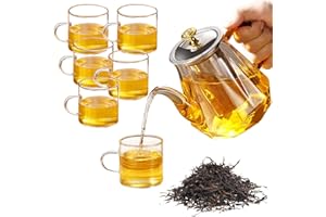 VGECEE Fuhesgu 1L Tetera de Cristal Borosilicato con 6 Tazas Tetera de Vidrio con Colador para Infusiones Tea Pot Transparente Cristal con Filtro de Acero Inoxidable para Té Hojas Sueltas Frutas