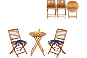 KOMFOTTEU Salon de Jardin en Bois d'acacia pour 2 Personnes, Ensemble de Meubles de Jardin, 1 Table & 2 Chaises, Ensemble Pliable de Bistrot pour Balcon, 3 pièces (Coussins Bleu foncé)