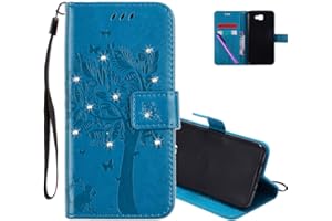 COTDINFOR Galaxy J7 Prime Protection Case for Girls Flip PU Premium Leather Elegant Retro Slim Shockproof Cover With Card Holder For Samsung Galaxy J7 Prime Blue Wishing Tree with Diamond KT.
