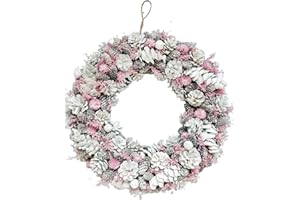 Neo Luxury Extra Large Frosted Pinecone Red Rose Flower Winter Wreath 50cm Home Artificial Christmas Festive Front Door Decoration (Pink Frosted Flowers)