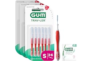 ‎GUM GUM TRAV-LER | Interdentalbürsten | für gründliche Reinigung zwischen den Zähnen | flexibler Griff | Zahnreinigung und Plaque Entfernung | 0.8mm, ISO 1 | Größe S | 3x6 Packung (mit einer Bonus-Probe)