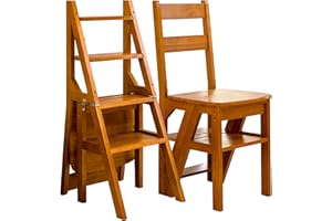 FGNIXLN Scala a gradini, 4 gradini, pieghevole, 2 in 1, scaletta e sedia pieghevole in legno, portata fino a 180 kg, adatta per cucina, casa, biblioteche (colore miele)