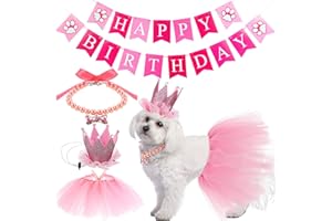 Hamify 4 Pieces Cute Dog Birthday Outfit with Pet Tutu Skirt Puppy Pearl Necklace Dog Crown Hat and Happy Birthday Banner for Puppy Dog Pet Cat Girl Birthday Party Supplies (Pink)