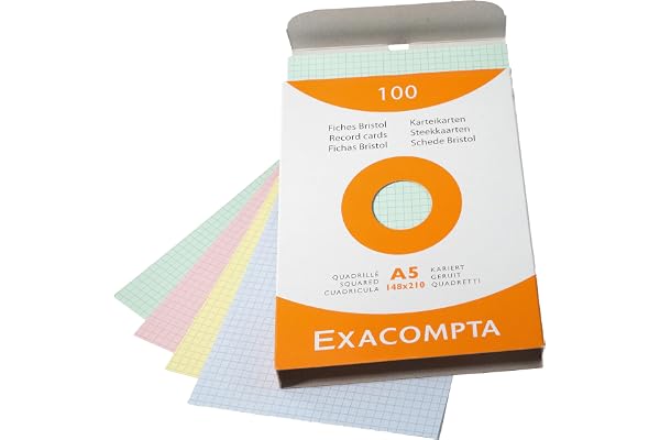 Exacompta - Réf. 13378E - Étui de 100 fiches bristol quadrillées 5x5 non perforées - format 148 x 210 mm - compatibles avec imprimante jet d'encre, laser et photocopieur - couleurs assorties