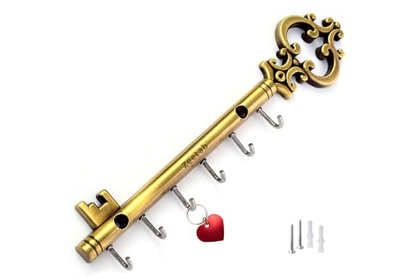 Zeetab Royal Key Holder Rajwadi Key Stand with 6 Hook & Brass Metal Wall Mount Hanger Home Decor Gift (24x6cm) (Antique)