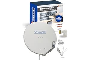 SCHWAIGER Satellitenschüssel Komplettset - Ø 88 cm Aluminium Offset Antenne in Hellgrau - Inkl. Quad LNB 4-Fach - Digital HD & 4K Empfang - Integrierte Kabelführung & wetterfest