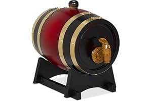 Relaxdays Fût 1,25 l, en Bois, Robinet, Support, pour Stocker Votre vin ou spiritueux préféré, Rouge et Noir