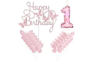 MCISKIN Happy 1st Butterfly Candela di compleanno rosa numero 1 candela con farfalla glitterata topper per torta cupcake per ragazze decorazioni per il primo compleanno ragazze tema farfalla rosa per 1 °