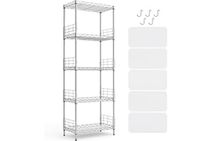‎LINSY HOME LINSY HOME Standregal mit 5 Regalböden, Metallregal, Gitterregal Metall, Vorratsregal Schwarz mit Abnehmbare Haken für Keller, Wohnzimmer, Büro, bis 225 kg Belastbar, 54 x 29 x 150cm H (Silber)