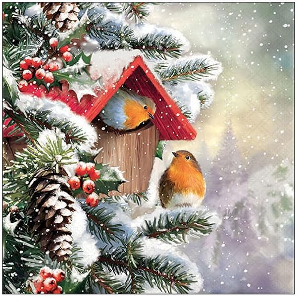 20 Servietten Weihnachten Mit Vögeln & Winterlaterne – 33x33 Cm, 3-lagig, Für Tischdeko Oder Basteln
