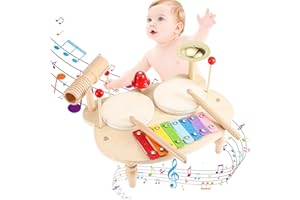 ISIVOUS Schlagzeug aus Holz für Kinder, Kinderspielzeug Holzspielzeug, Trommel Set, Xylophon für Kinder, 10 in 1 Musikinstrumente, Montessori Spielzeug, Geschenke für 1 2 3 4 5 Mädchen Jungen