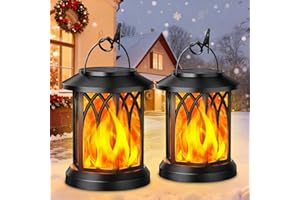 KOOPER Solar Lights Outdoor Garden, 2 Pack Hanging Solar Lanterns with Realistic Flickering Flame LED, Waterproof Flame Effect Garden Ornaments for Pathway Patio Decoration