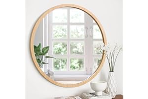 JJUUYOU Grande specchio rotondo rotondo vintage cornice in legno specchio decorativo da parete per bagno, soggiorno, camera da letto, dormitorio, semi di lino