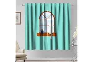 Kzzfqxb 117x138cm Tende azzurre 2 pannelli, verde blu Cartone animato Piante in vaso Gatto bianco Finestra drappeggiate per cameretta dei bambini Camera da letto Soggiorno Sala da pranzo