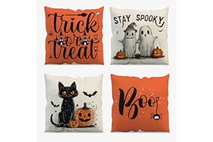 AIBIIN Juego de 4 fundas de cojín de Halloween, fantasma, gato negro, calabaza, fundas de almohada de lino, decoración de Halloween para sofá, hogar, dormitorio, 45 x 45 cm